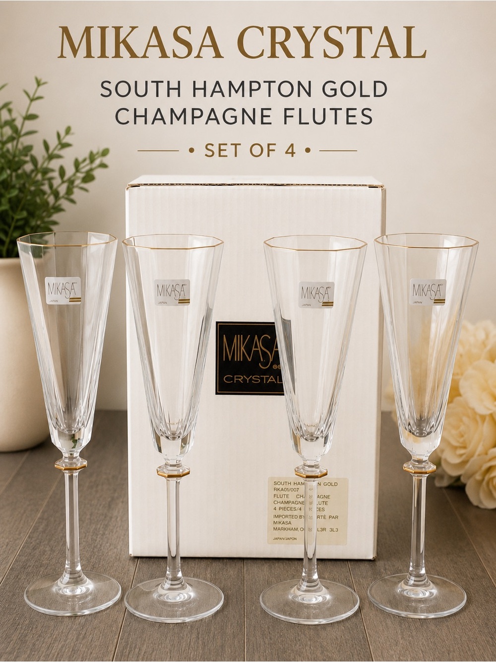 Mikasa Crystal South Hampton Gold Champagne Flutes Set of 4 NIB Japan Vintage